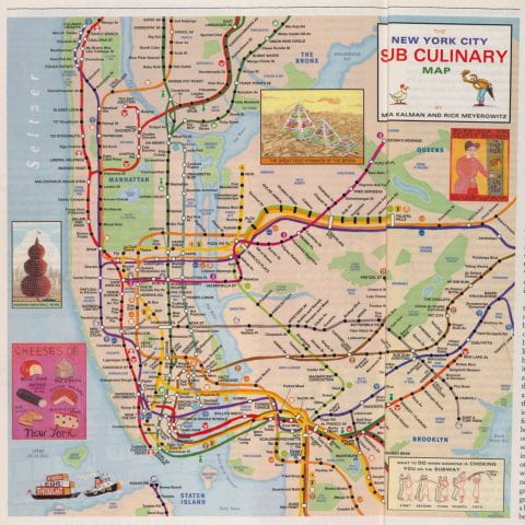 A map of the New York Subway system used to satirize the food culture of New York. Each stop is a humorous reference of one sort or another, from Chopped Liver on the Lower East Side to Mixed Nuts on the Upper West Side and Cooked Books on Wall Street. Inset images include the Swedish Meatball Building, The Great Food Pyramids of the Bronx, and an Heimlich-spoof illustration of "What to do when someone is choking you on the subway."