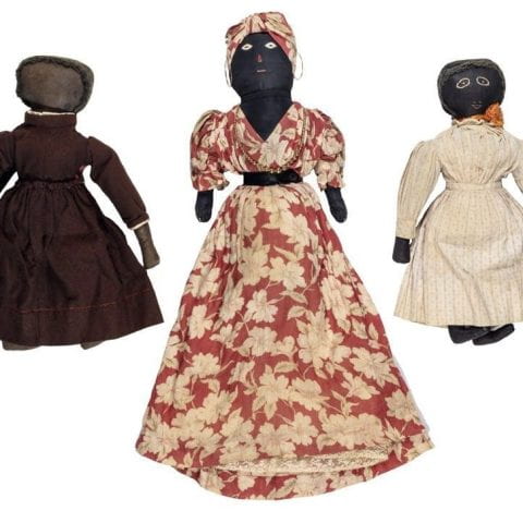 Three handmade dolls of black women in nineteenth century fashions